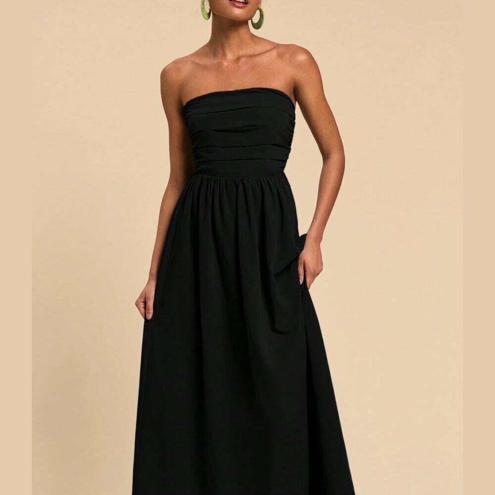 Black Strapless Midi Dress with Ruched Bodice - Picture 2 of 6